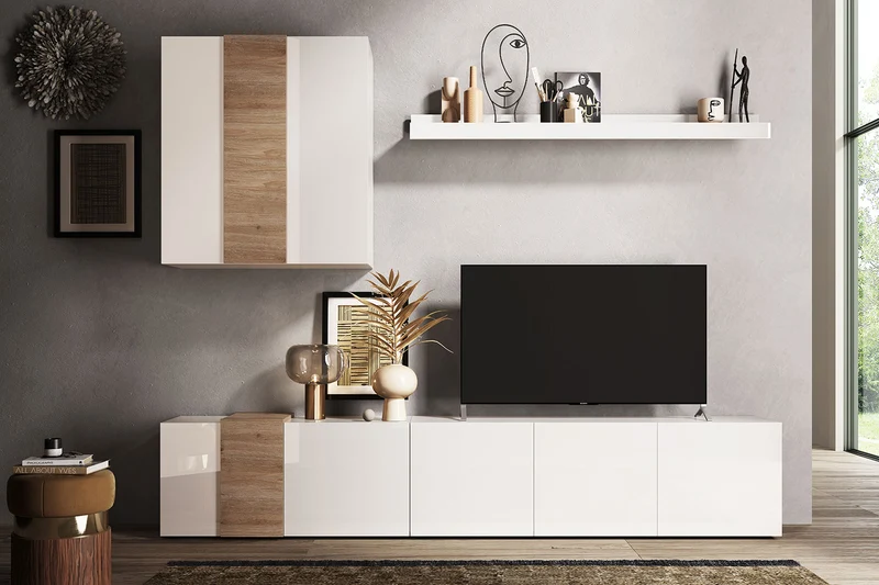 Parete Attrezzata Design Contemporaneo 301x44x195 cm Mobile TV e Pensile Bianco Lucido e Cadiz