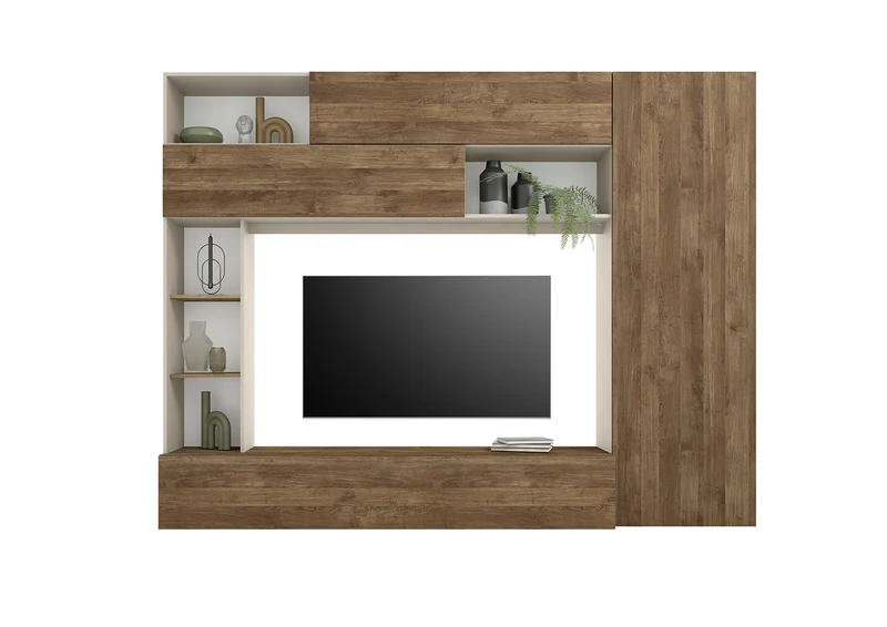Parete Attrezzata Design Contemporaneo 277x40x210 cm Pratiko Cashmere e Noce Mercure