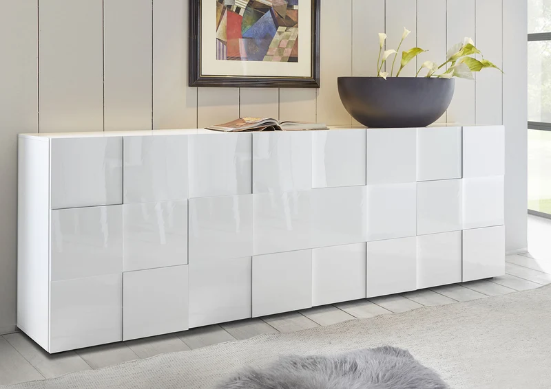 Madia Moderna 4 Ante Design a Scacchi Modello Dama 241x42x84 cm Bianco Lucido