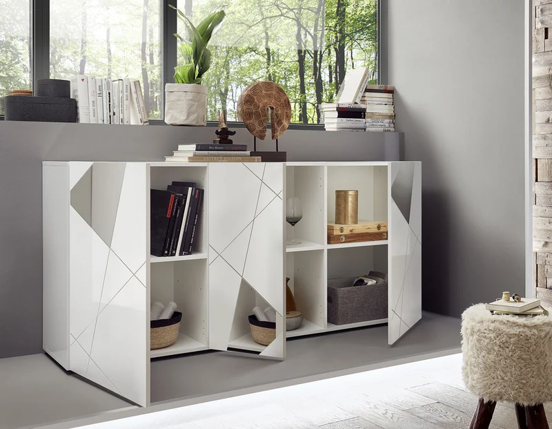 Madia Design Moderno 3 Ante con Serigrafie e Specchi Vittoria 181x42x84 cm Bianco Lucido