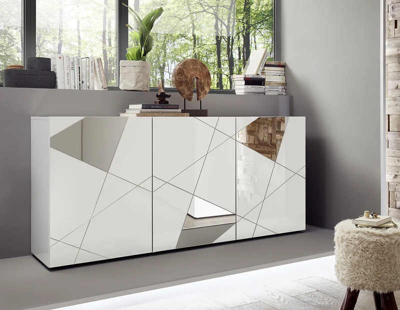 Madia Design Moderno 3 Ante con Serigrafie e Specchi Vittoria 181x42x84 cm Bianco Lucido