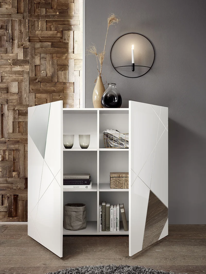 Madia Design Moderno 2 Ante con Serigrafie e Specchi Vittoria 121x42x111 cm Bianco Lucido