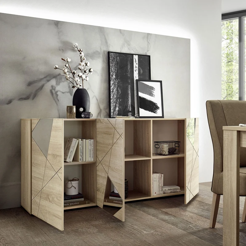 Madia Design Moderno 3 Ante con Serigrafie e Specchi Vittoria 181x42x84 cm Rovere Samoa