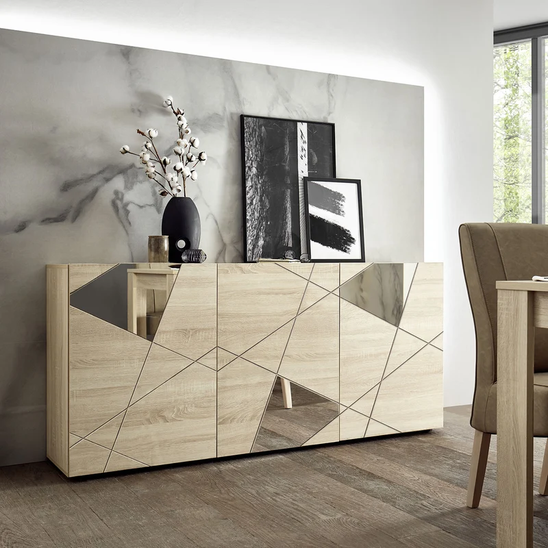 Madia Design Moderno 3 Ante con Serigrafie e Specchi Vittoria 181x42x84 cm Rovere Samoa