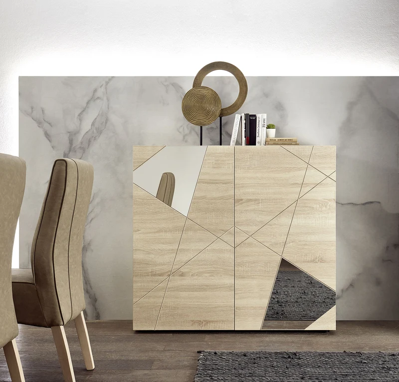 Madia Design Moderno 2 Ante con Serigrafie e Specchi Vittoria 121x42x111 cm Rovere Samoa