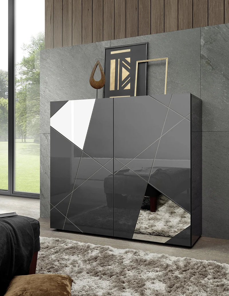 Madia Design Moderno 2 Ante con Serigrafie e Specchi Vittoria 121x42x111 cm Grigio Laccato Lucido