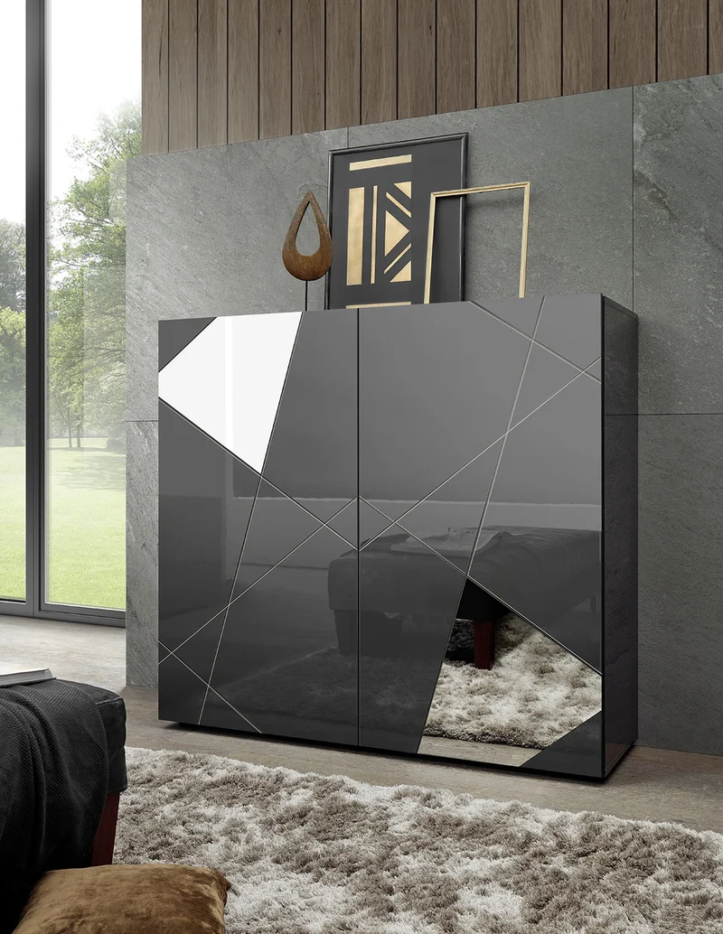 Madia Design Moderno 2 Ante con Serigrafie e Specchi Vittoria 121x42x111 cm Grigio Laccato Lucido
