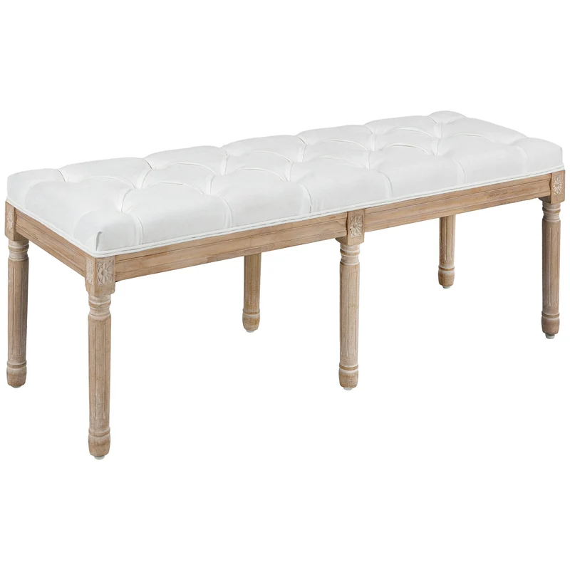 Panca Fondo Letto Imbottita Stile Vintage 117x40x48 cm in Tessuto e Gambe in Legno Crema